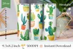 Cactus Tumbler Wrap Design, Watercolor Plants Tumbler Design Product Image 1