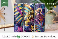 Leopard Tumbler Wrap PNG, Neon Tropical Leaves Tumbler Product Image 1
