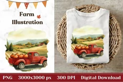 Red Farm Truck Illustration, Watercolor Fall Pumpkins Print Product Image 1