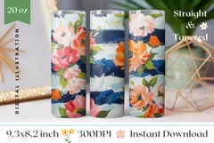 Art Flowers Tumbler Wrap, Watercolor Stripes Tumbler PNG Product Image 1