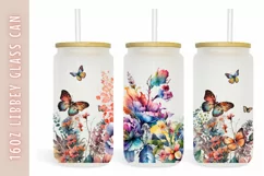 Watercolor flower & butterflies 16oz Libby Glass Can Product Image 1