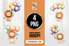 Cute Lion with Balloons Clipart PNG Product Image 1