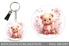 Cute Bear Keychain Sublimation. Bear Flowers Round Keychain Product Image 1