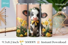 Baby Cow Tumbler Design, Daffodils Tumbler Template, Cow PNG Product Image 1