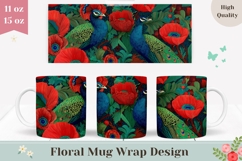 Peacock Bird Mug Wrap, Poppy Mug Design, Flowers Mug PNG Product Image 1