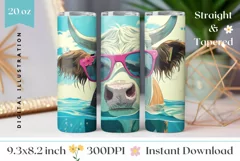 Summer Cow Tumbler Wrap Design, Cow in Sunglasses PNG Product Image 1