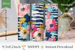 Art Flowers Tumbler Wrap Design, Blue Stripes Tumbler Design Product Image 1