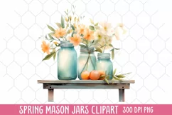 Flower Mason Jar Clipart, Watercolor Mason Jar Sublimation Product Image 1