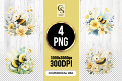 Watercolor Bee With Yellow Flowers Clipart Sublimation PNG Product Image 1