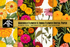 Marigold &amp; Zinnia Flower Digital Paper | Flower Pattern Product Image 1