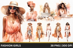Fashion Girls Clipart Watercolor PNG Stylish Women in Peach Product Image 1