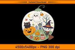 Cute Pumpkin Witch and Ghost Halloween Scene PNG Product Image 1