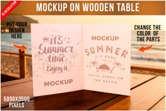 Mockup on Wooden Table by the Beach at Sunset Product Image 1