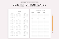 2027 Calendar and Important Dates Page Printable Product Image 1