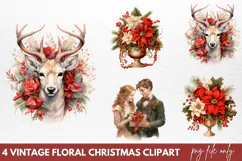 Vintage Floral Christmas Clipart PNG Product Image 1