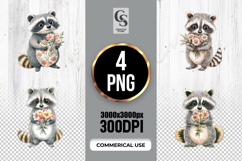 Cute Raccoon with Flowers Watercolor Clipart Sublimation PNG Product Image 1