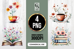 Floral Cup and Book Clipart Sublimation PNG Product Image 1