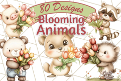 Cute Animals with Tulips PNG, Spring Flower Clipart Download Product Image 1