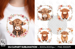 Floral Frame Highland Cow Clipart Sublimation PNG Product Image 1