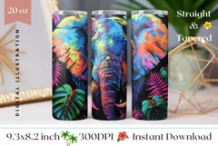 Colorful Elephant Tumbler Wrap, Tropical Leaves Tumbler PNG Product Image 1