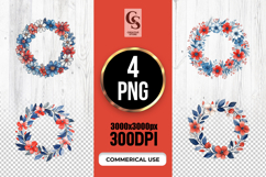 Watercolor Patriotic Floral Wreath USA Red Blue Clipart PNG Product Image 1
