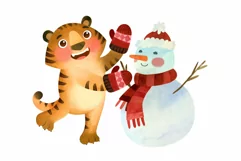 Tiger with Snowman, Funny Christmas 2022 watercolor clipart Product Image 1