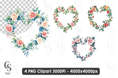 Watercolor Floral Heart Wreath Roses Clipart Sublimation PNG Product Image 1