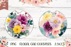 Floral Car Coasters PNG, Watercolor Flowers Coaster Template Product Image 1