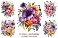 Watercolor Purple Floral Bouquet Clipart Bundle, Transparent Product Image 1