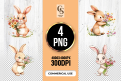 Cute Bunny Holding Flowers clipart sublimation png Product Image 1