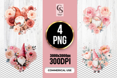 Rose Floral Gnome Watercolor Heart Clipart Sublimation PNG Product Image 1