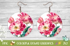 Pink Flowers Round Earrings, Flowers Earrings Print Product Image 1