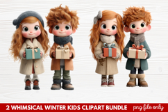 2 Whimsical Winter Kids Clipart | Cute Winter Kids PNG Product Image 1