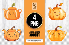Cute Kawaii Pumpkin Teapot Clipart Sublimation PNG Product Image 1