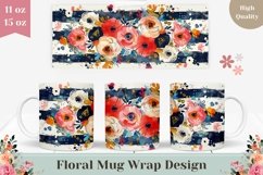 Watercolor Flowers Mug Wrap Design, Stripes Mug Template Product Image 1