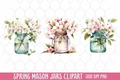 Flower Mason Jar Clipart, Watercolor Mason Jar Sublimation Product Image 1