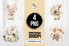 Cute Watercolor Bunny With Flowers Clipart Sublimation PNG Product Image 1