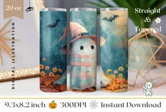 Halloween Tumbler Wrap, Kawaii Ghost Tumbler Sublimation PNG Product Image 1