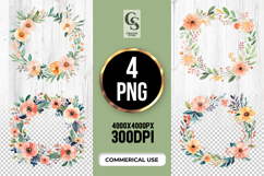 Peach Floral Wreath Watercolor Clipart Sublimation PNG Product Image 1