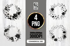 Black White Floral Half Wreath Watercolor Clipart PNG Product Image 1