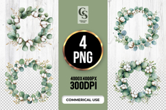 Eucalyptus Cotton Wreath Clipart PNG Product Image 1