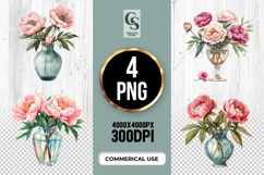 Peony Flowers Clipart in Vases PNG Product Image 1
