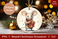 Watercolor Christmas Round Ornament, Christmas Mouse PNG Product Image 1