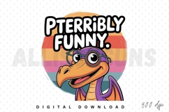 pterodactyl, dinosaur, cartoon, glasses, funny, humor, pterribly funny, text, vector, illustration, sublimation, design, retro, background, colorful, orange, purple, prehistory, comic, character, extinct, prehistoric, animal, drawing, clip art, cute, smil