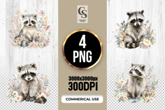 Cute Floral Raccoon Watercolor Clipart Sublimation PNG Product Image 1