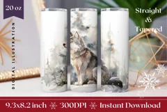 Christmas Tumbler Wrap, Watercolor Winter Wolf Sublimation Product Image 1