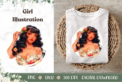 Pin Up Girl Illustration, Cartoon Girl Print, Flowers PNG Product Image 1