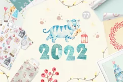 New year and Christmas watercolor , clipart tiger 2022 Product Image 1