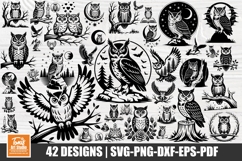 Black owl SVG bundle with 42 designs featuring owls, moons, stars, and nature elements.