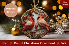 3D Christmas Ornament PNG, 3D Red Cardinals Round Ornament Product Image 1